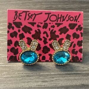 Betsey Johnson Blue Crystal Bunny Stud Earrings – Gold Tone